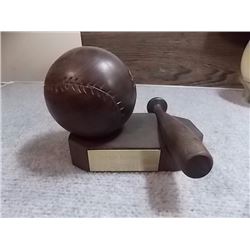 DECORATIVE BASEBALL AND BAT WITH DISPLAY STAND- TEAK 1997