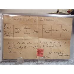 ANTIQUE 1894 BAPTISIM PAPERS WITH JUNE 1903 STAMP