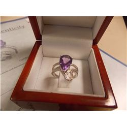 RING - 4 CT PEAR FACETTED RICH LAVENDER AMETHYST & 2 DIAMONDS IN STERLING SILVER SETTING - INCLUDES 
