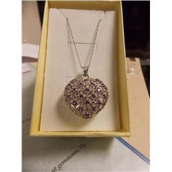 NECKLACE - 20 ROUND FACETTED AMETHYST IN STERLING SILVER 3D PUFF HEART DESIGN - INCLUDES CERTIFICATE