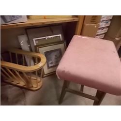 LOT - UPHOLSTERED STOOL - PINK, PICTURES, TAPES CD'S &  WOOD MAGAZINE RACK