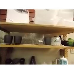 SHELF LOT OF GLASSES, TEA POT, ALARM CLOCK