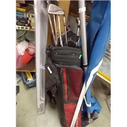 GOLF BAG, CURLING BAG & 2 CURLING BROOMS