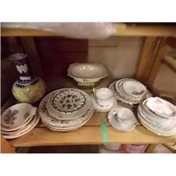 SHELF LOT ASSORTED CHINA PLATES AND MORE