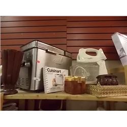 SHELF OF BREAD MAKER, MIXER & DISHES