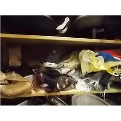 SHELF LOT OF SHOES, SLIPPERS SKATES SCARFFS