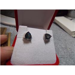 EARRINGS - TRILLION FACETTED OCEAN BLUE MYSTIC TOPAZ & DIAMONDS IN STERLING SILVER SETTING - RETAIL 