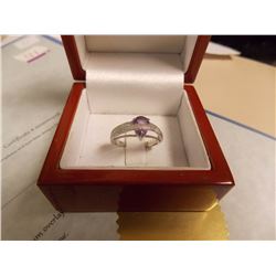 RING - 1.2CT PEAR FACETTED AMETHYST & 2 DIAMONDS IN STERLING SILVER CROSS OVER DEIGN - ICLUDES CERTI