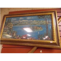 GOLD FRAMED PICTURE -ISLAND IN THE LAKE - 33" X 19