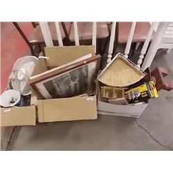 TABLE FAN & BOX OF PICTURE FRAMES