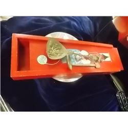 VINTAGE  WOODEN BOX WITH 2 HAND CRAFTED MEXICO WINDMILL SPOONS - SILVER