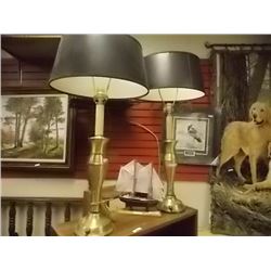 BRASS TABLE LAMPS WITH OUTLET - BLACK SHADES
