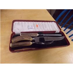 VINTAGE CARVING SET - ANTLER HANDLES AND STORAGE CASE