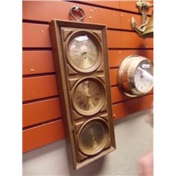 RETRO WOOD FRAMED BAROMETER, CLOCK AND TEMPERATURE GAUGE