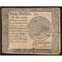 September 26, 1778 $60 Philadelphia Spanish Milled Colonial Currency Note