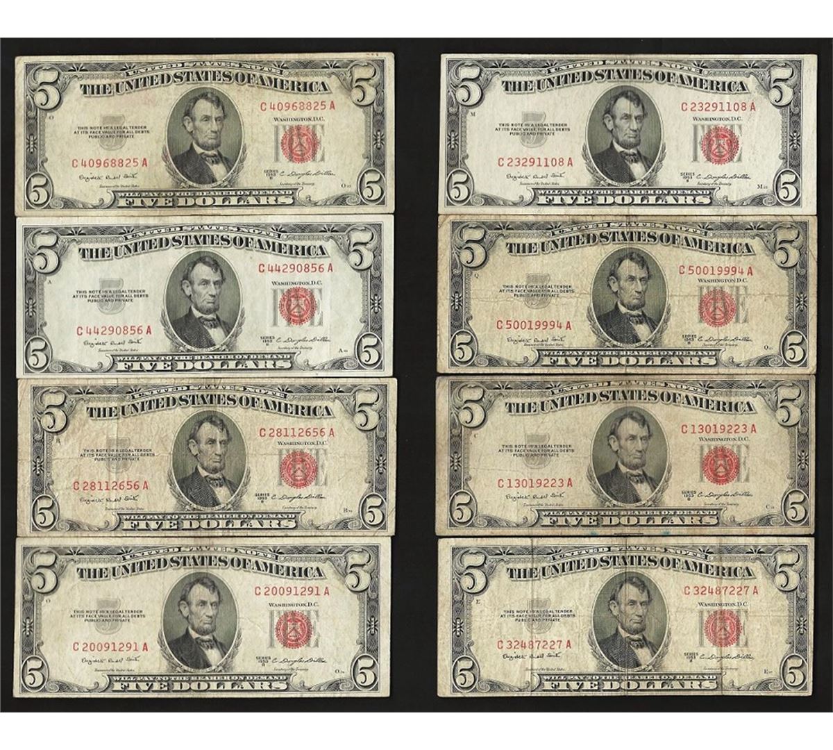 Lot of (8) 1953B $5 Legal Tender Notes