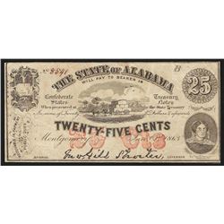 1863 Twenty-Five Cents The State of Alabama Obsolete Note