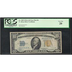 1934A $10 North Africa WWII Emergency Silver Certificate Note PCGS VF20