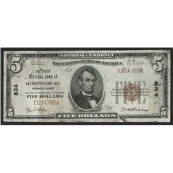 1929 $5 National Bank Note of Shippensburg Pennsylvania Charter #834