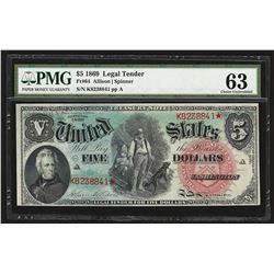 1869 $5 Legal Tender Rainbow Note PMG CU63