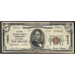 1929 $5 Absecon New Jersey National Currency Bank Note