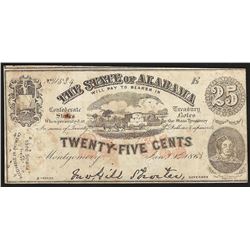 1863 Twenty-Five Cents The State of Alabama Obsolete Note