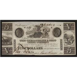 1840 $5 The Chesapeake & Ohio Canal Company Obsolete Bank Note