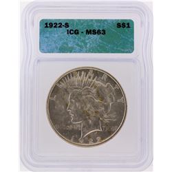 1922-S $1 Peace Silver Dollar Coin ICG Graded MS63