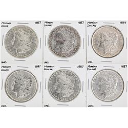 Set of (6) 1887 $1 Morgan Silver Dollar Coins UNC