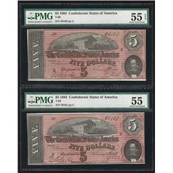 1864 $5 Confederate States Bank Notes PMG AU55 Consecutive Serial Numbers