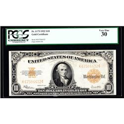 1922 $10 Gold Certificate Large Note PCGS VF30