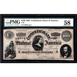 1864 $100 The Confederate States of America Note PMG Choice AU58