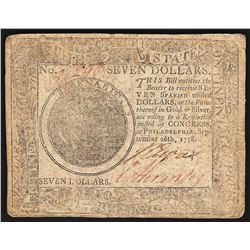 September 26, 1778 $7 Spanish Milled Continental Currency Note