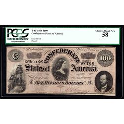 1864 $100 The Confederate States of America Note PCGS Choice AU58