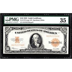 1922 $10 Gold Certificate Large Note PMG Choice VF35
