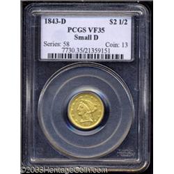 1843-D $2 1/2 Small D VF35 PCGS.