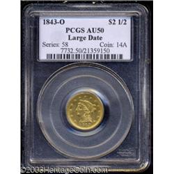 1843-O $2 1/2 Large Date AU50 PCGS.