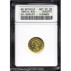 1853-D $2 1/2 --Ex-Jewelry, Cleaned--ANACS. AU Details, Net VF20.