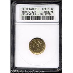1859-D $2 1/2 --Ex-Jewelry, Whizzed--ANACS. XF Details, Net Fine 12.