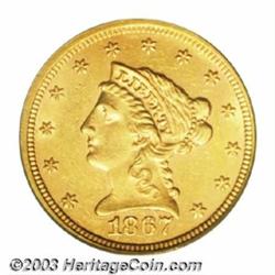 1867 $2 1/2 AU58 PCGS.