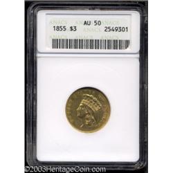 1855 $3 AU50 ANACS.