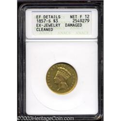 1857-S $3 --Ex-Jewelry, Damaged, Cleaned--ANACS. XF Details, Net Fine 12.