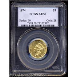 1874 $3 AU58 PCGS.
