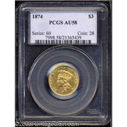 1874 $3 AU58 PCGS.