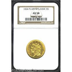 1834 $5 Plain 4 AU58 NGC.