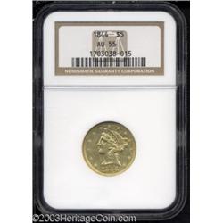 1844 $5 AU55 NGC.