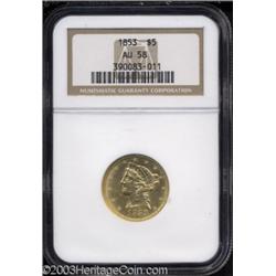 1853 $5 AU58 NGC.