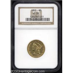 1853 $5 AU58 NGC.