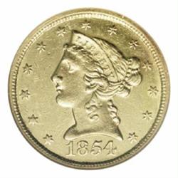 1854-C $5 AU58 NGC.