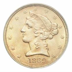 1869-S $5 MS62 PCGS.